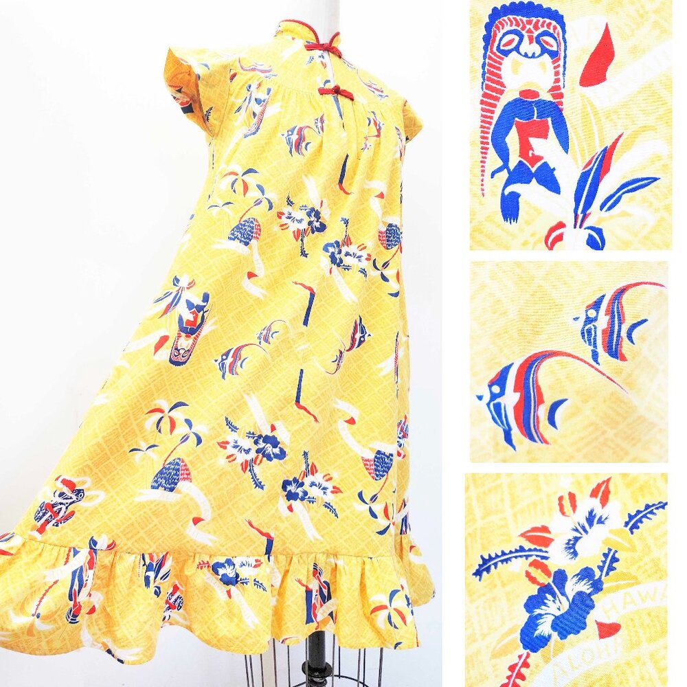 Vintage 50s / 60s Womens Hawaiian Dress Tiki  Gods Underwater Scene Yellow S/XS